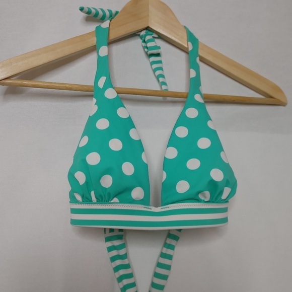 Victoria's Secret Halter Bikini Top Green White Polka Dot Stripe Medium M - Picture 1 of 6